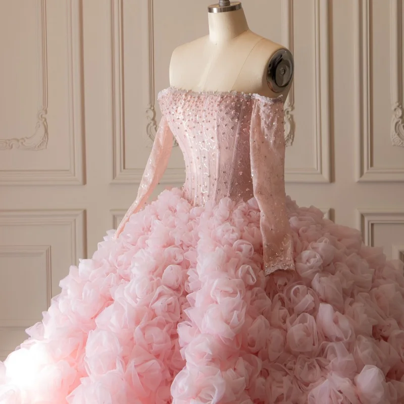 Pink Quinceanera Dres Crystal Sequins 3D Flowers Decal Ruched Long Tail off-shoulder Vestidos De 15 Quinceanera ﻿Customize