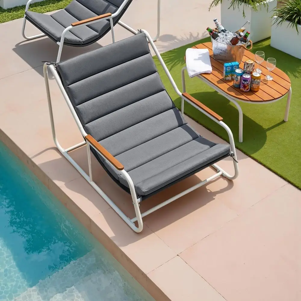 3-Piece Patio urniture Set 2 All-Weather Teslin Chaise Lounge Chairs with Acacia Wood Side Table or Porch, Poolside, Backyard Ou