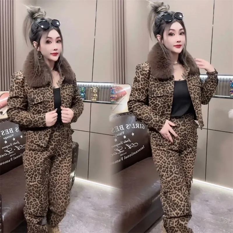 Autumn Winter Female Coat Slacks Leopard Print Two-Piece Suit 2025 New Loose Fur Collar Women's Clothes Trousers Jacket Sets