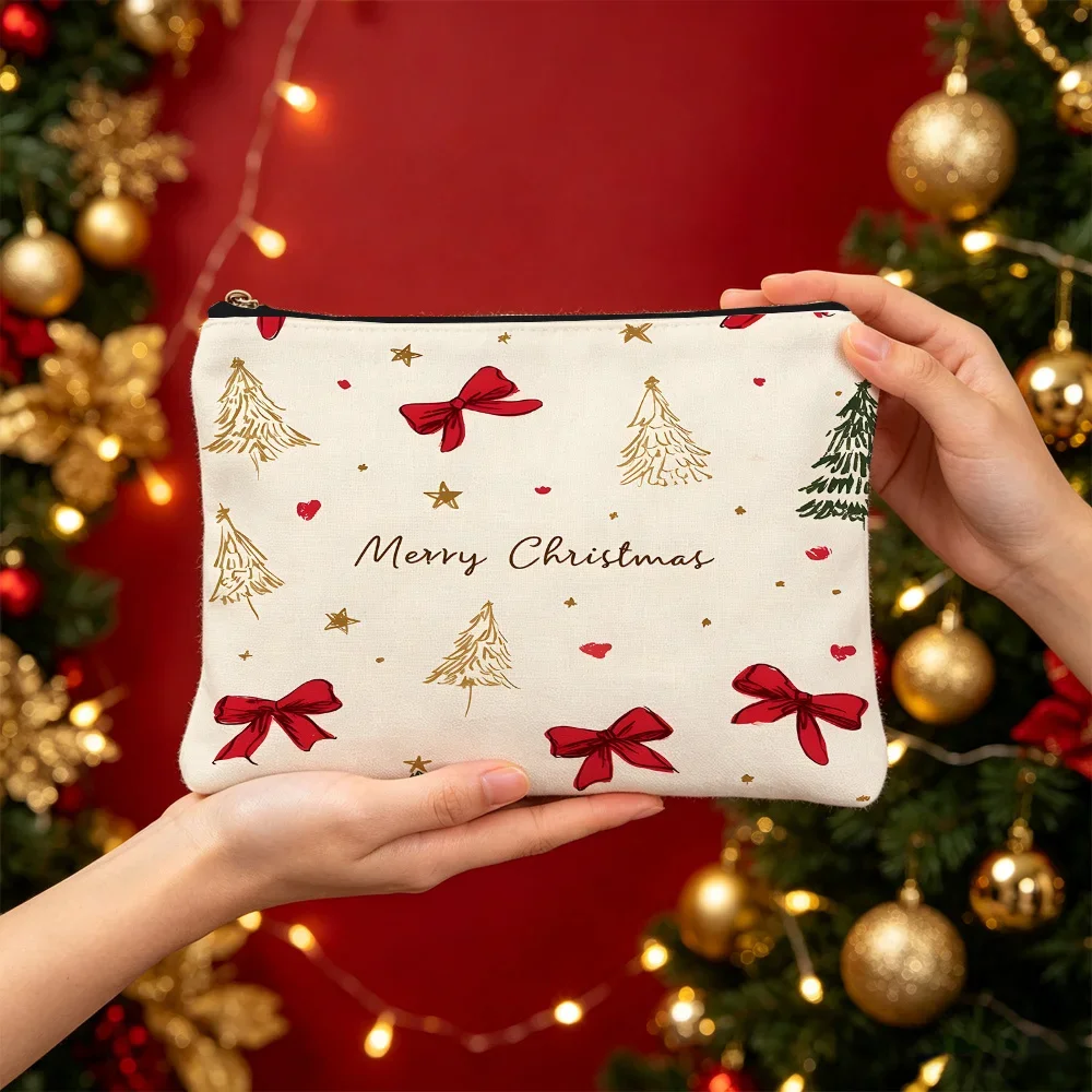Merry Christmas Makeup Bag Xmas Tree Bow Print Cosmetic Pouch Travel Storage Zipper Bag Ladies Holiday Gift