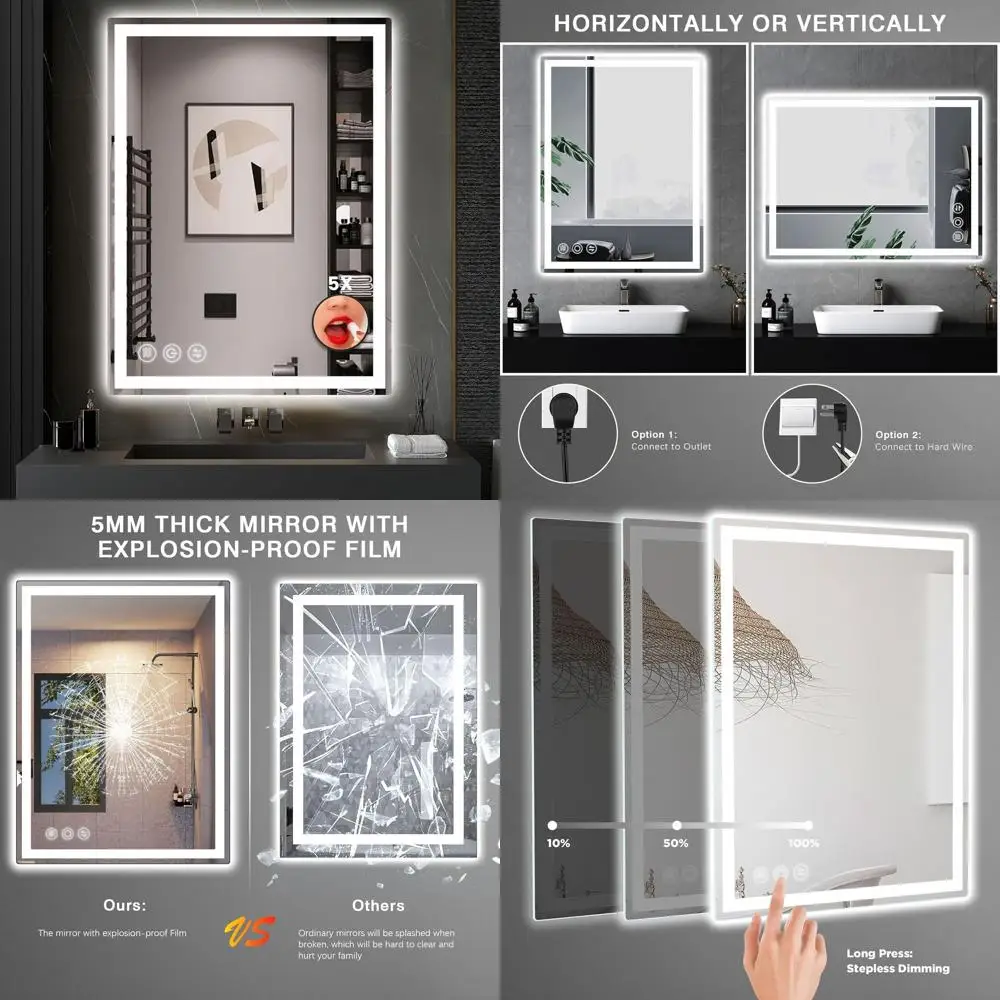 مرآة زينة LED مقاس 24 × 36 بوصة مع مضادة للضباب، و3 أوضاع ألوان، وإضاءة قابلة للتعتيم، ومقاومة للكسر، ووظيفة الذاكرة #1