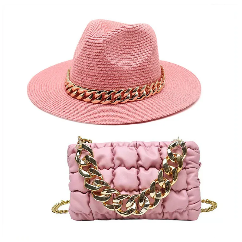 Set Straw Hat and Bag Set Gold Chain Bag Hat Set Ladies Leather Bag Tote Church Fedora Party Jazz Straw Hat