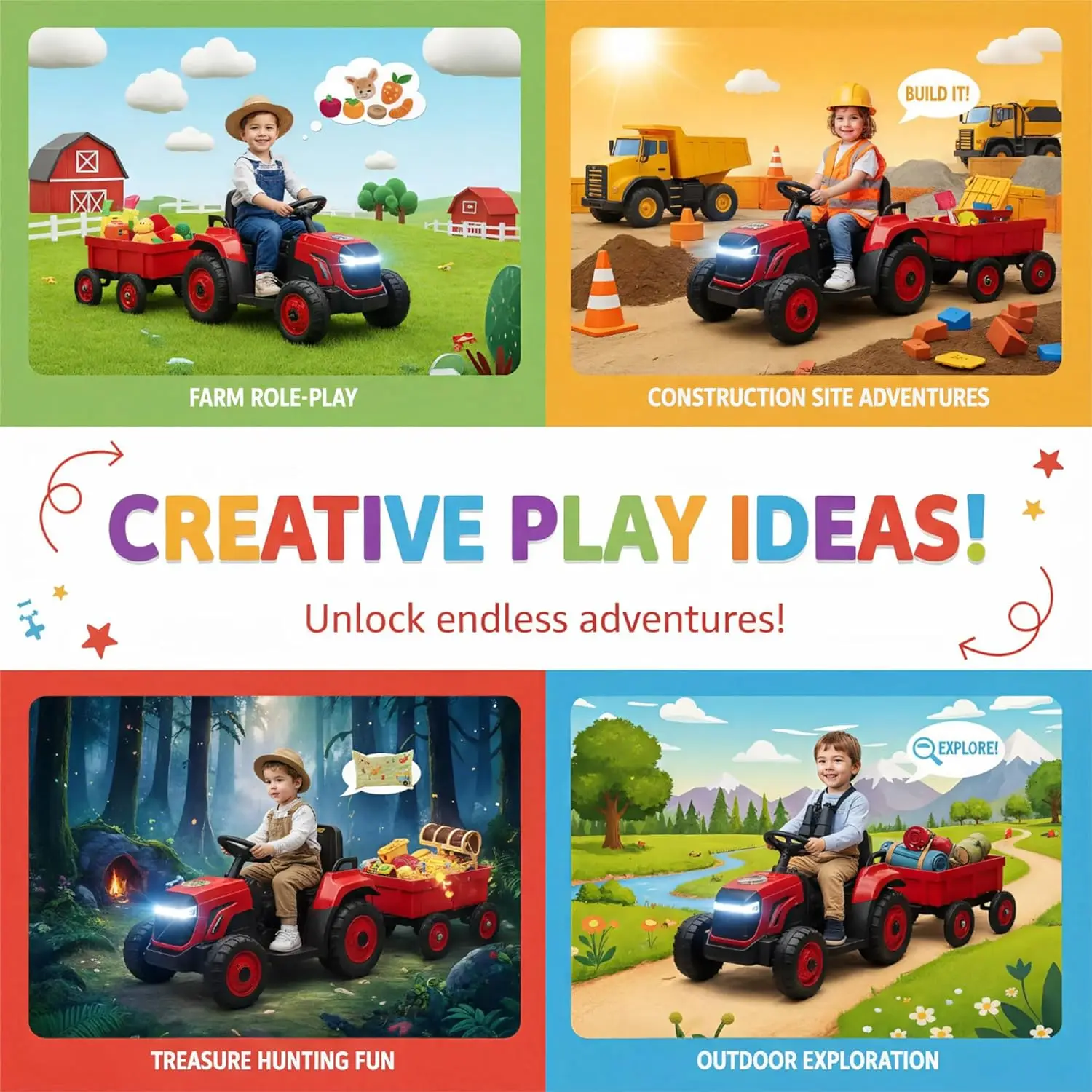 어린이용 탈착식 정원 카트가 있는 트랙터, 12V 전기 자동차, 트레일러 포함, 최대 하중 66파운드, 배터리 구동, 8륜