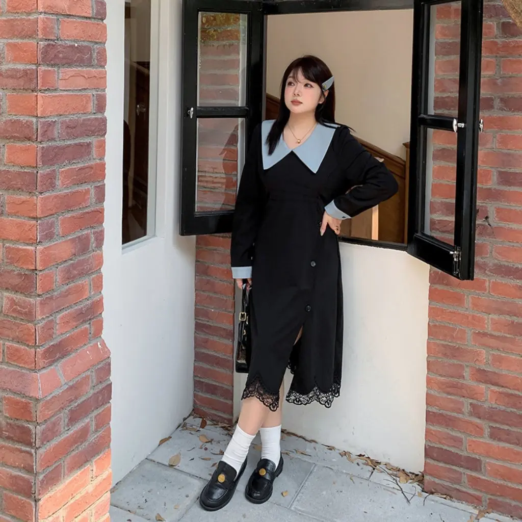 

Shuangtian женское кружевное платье больших размеров, зимнее платье с контрастными лацканами, одежда Fat Sister L302