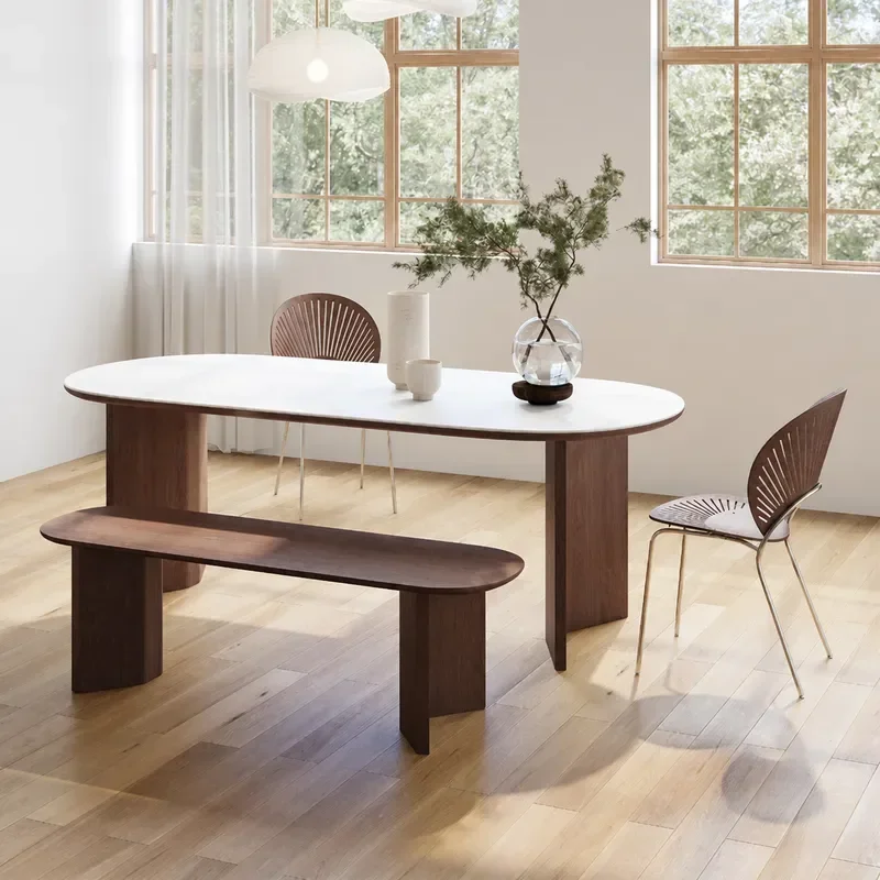 Wabi Sabi Retro Solid Wood and Rock Slab Dining Table Set Simple Modern Walnut Rectangular Table and Chairs for Home Dining