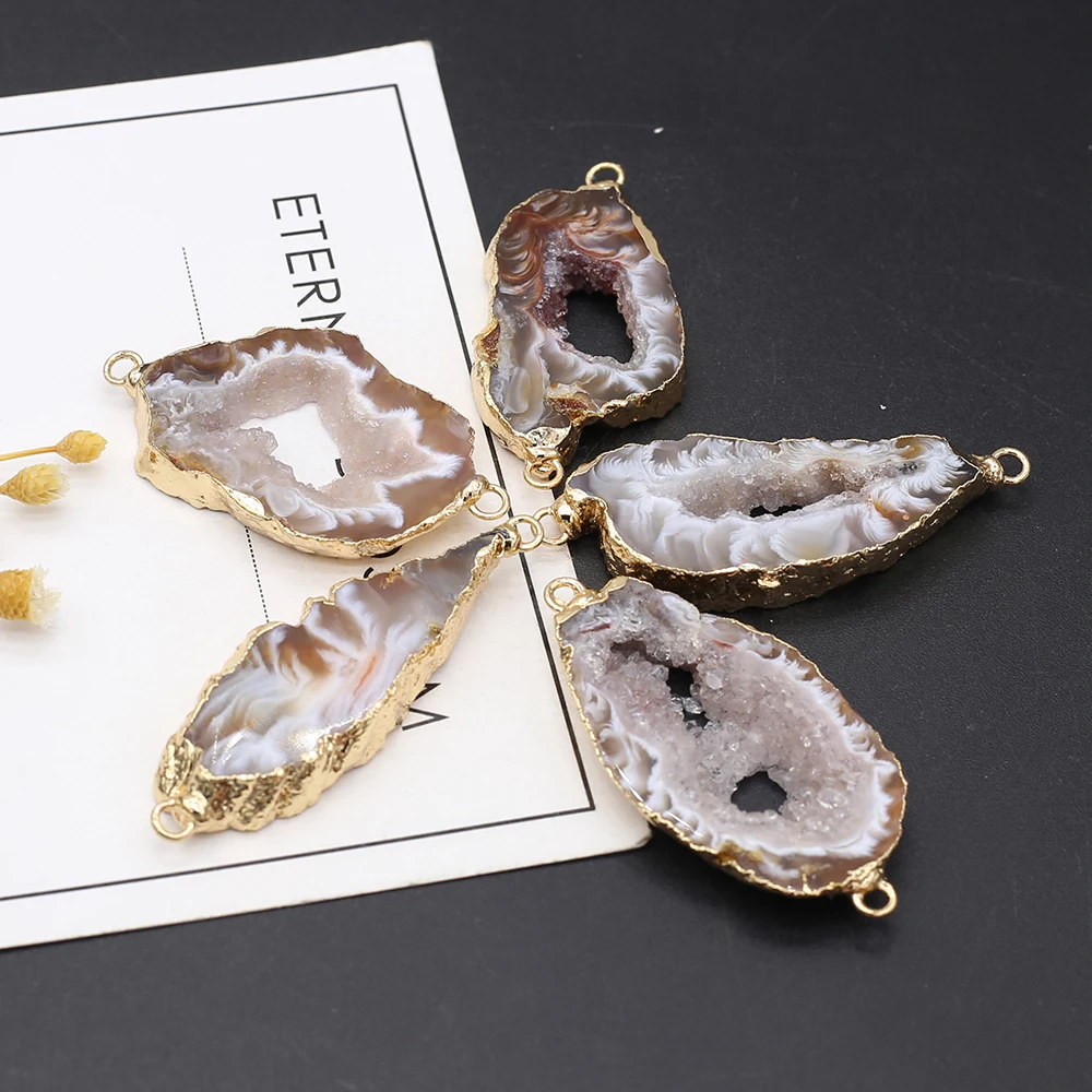 Natural Stone Pendant Irregular Marine Agate Slice Two Hole Connector Exquisite Charms For Jewelry DIY Necklace Bracelet Making