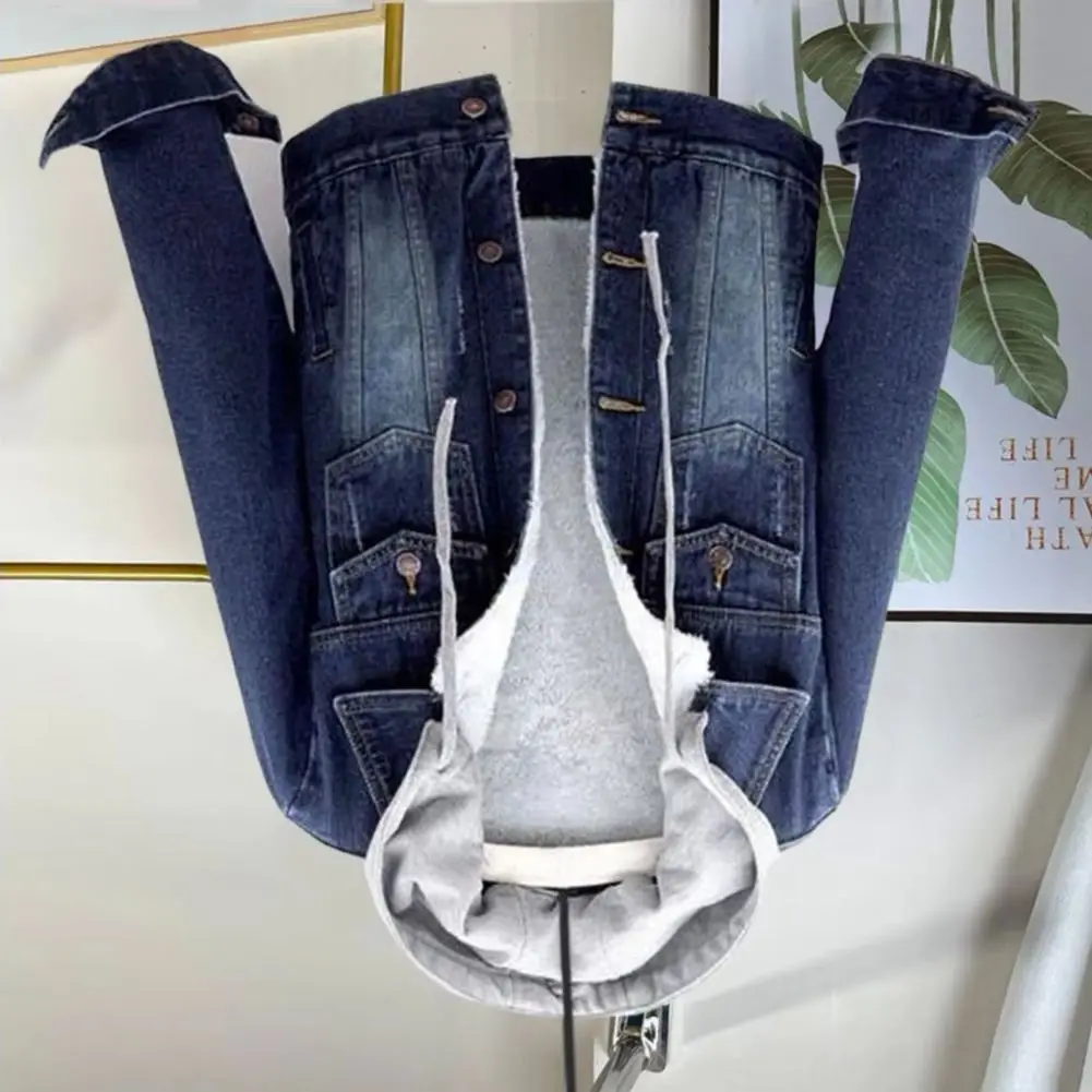 

2025 Women Winter Jacket Hooded Detachable Hat Plush Denim Winter Coat Warm Single-breasted Plus Size Plush Denim Winter Coat