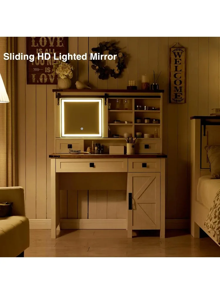42-дюймовый туалетный столик в стиле фермерского дома с раздвижным зеркалом, подсветкой и местом для хранения макияжа