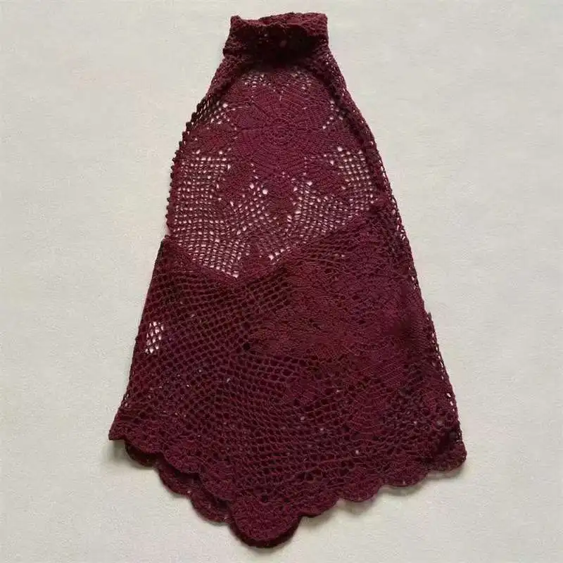 女性用ハンドメイド花柄クロシェ編みレースアップニットベストツーピースセット、ハーフハイカラーライニング付き高品質バックレスベスト2026新作