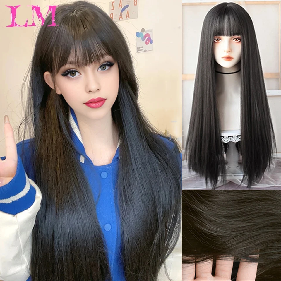 LM Synthetic Black Long Straight Cosplay Wigs with Bangs for Women African American Lolita Daily Party Heat Resistant