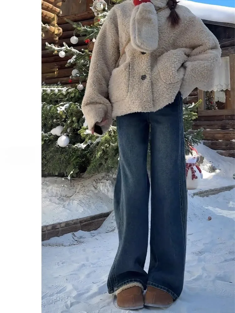 Retro High Waist Wide Leg Jeans Women's Loose Drapey Hip Covering Large Size Elastic Straight Leg Pants Casual Sle Denim