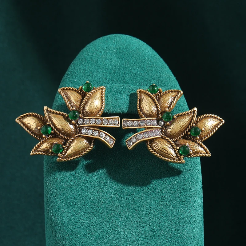 

Vintage Antique Gold Color Leaves Inlaid with Rhinestones Green Glass Earrings for Women Accessory Luxury Designer Jewelry New