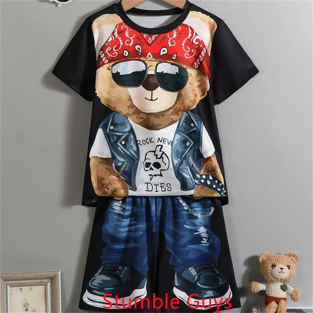 Fashion Brand Bear Tshirt Set Kids Summer Anime Clothes Tracksuit Boys Girls Tops One Piece Cartoon Sonic 2pcs Short Sleeve