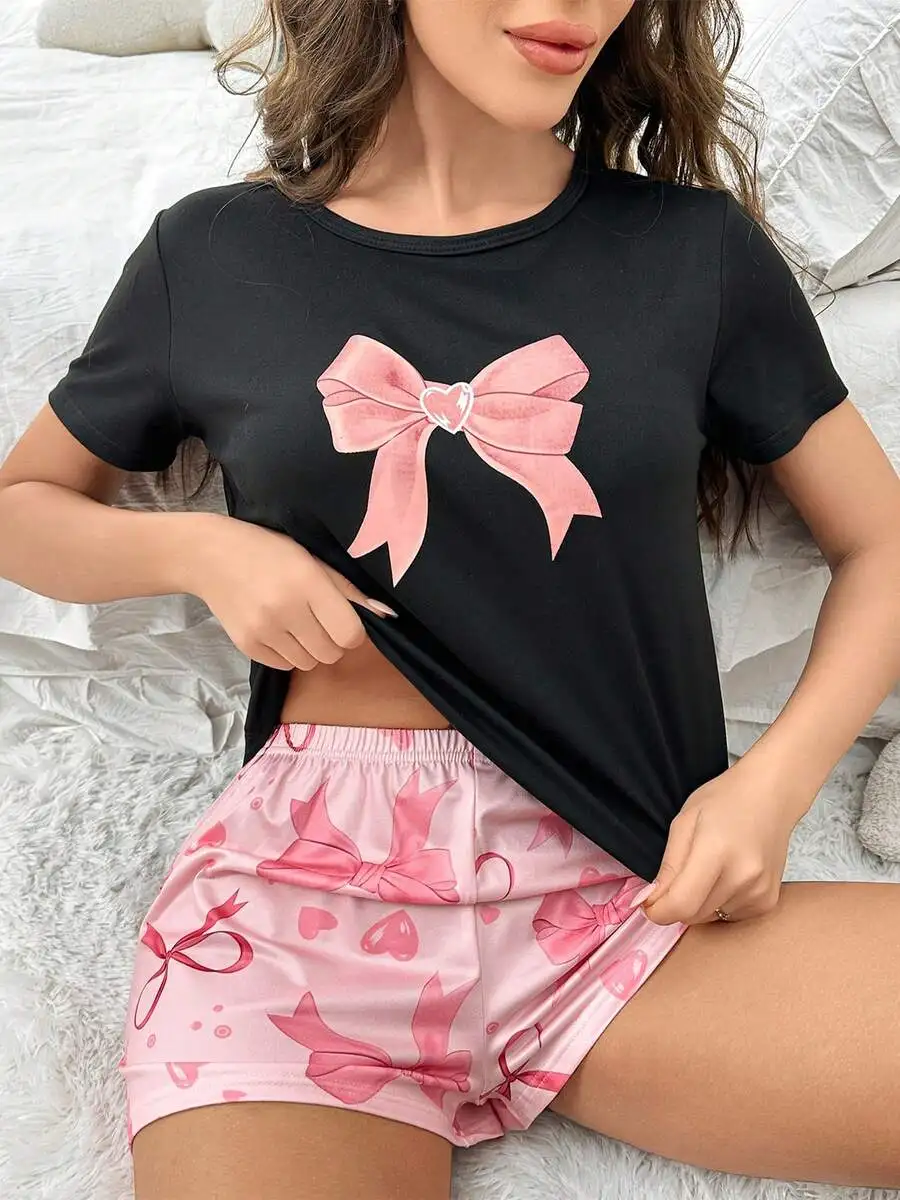 

Womens Bow Print Short Sleeve Pajama Set Lounge Wear Sleepwear