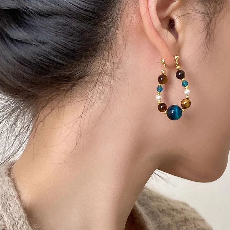 Tiger Eye Bead Earrings for Women, Two-Tone Bohemian Ethnic Earrings, Unique New Chinese Style Gift, Anniversary Valentine's Pre