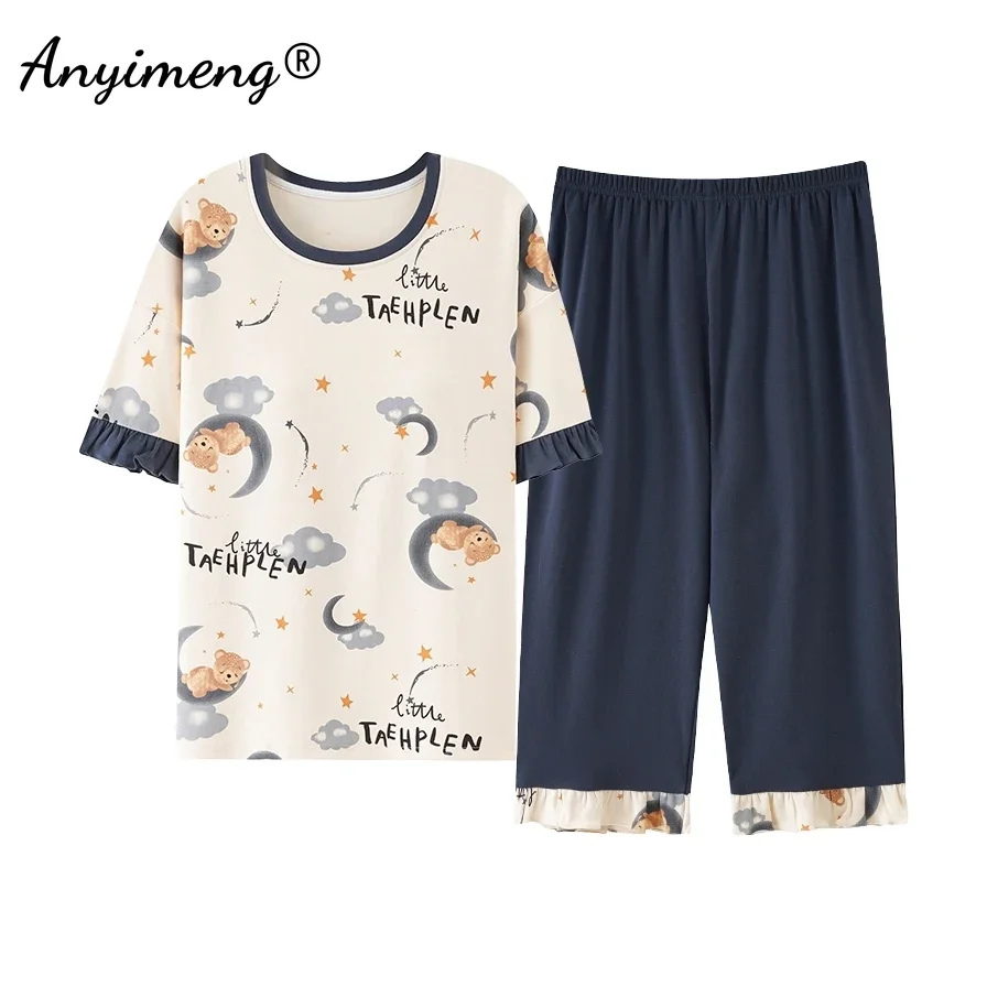 Sommer-Caprihose-Pyjama, süßer Cartoon-Druck-Pyjama für Damen, modischer Pyjama, weicher Baumwoll-Pyjama, Übergröße M-5XL, Nachtwäsche