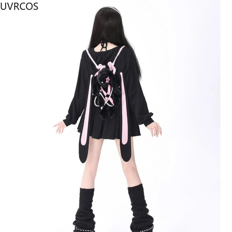 Harajuku Gothic Skirt Sets Women Rabbit Ear Hoodies Zipper Long Sleeve Jacket Coat Hooded Sweatshirts Autumn Two Piece Set 2023