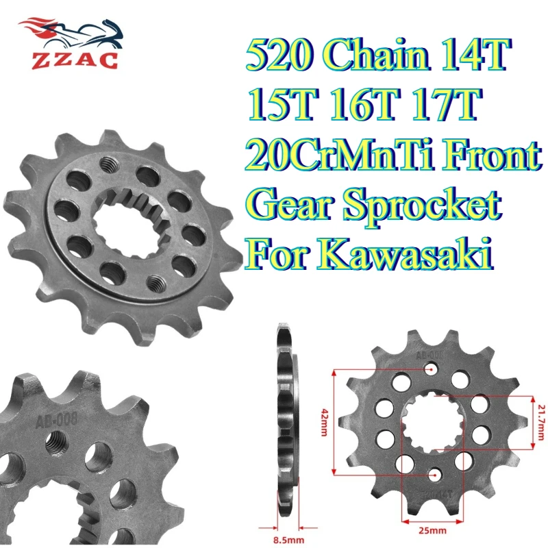 520 Chain 14T 15T 16T 17T 20CrMnTi Front Gear Sprocket For Kawasaki ZZR250 D-Tracker KL250 KR250 KLR 600 650 BJ 250 GPZ400 ZX400