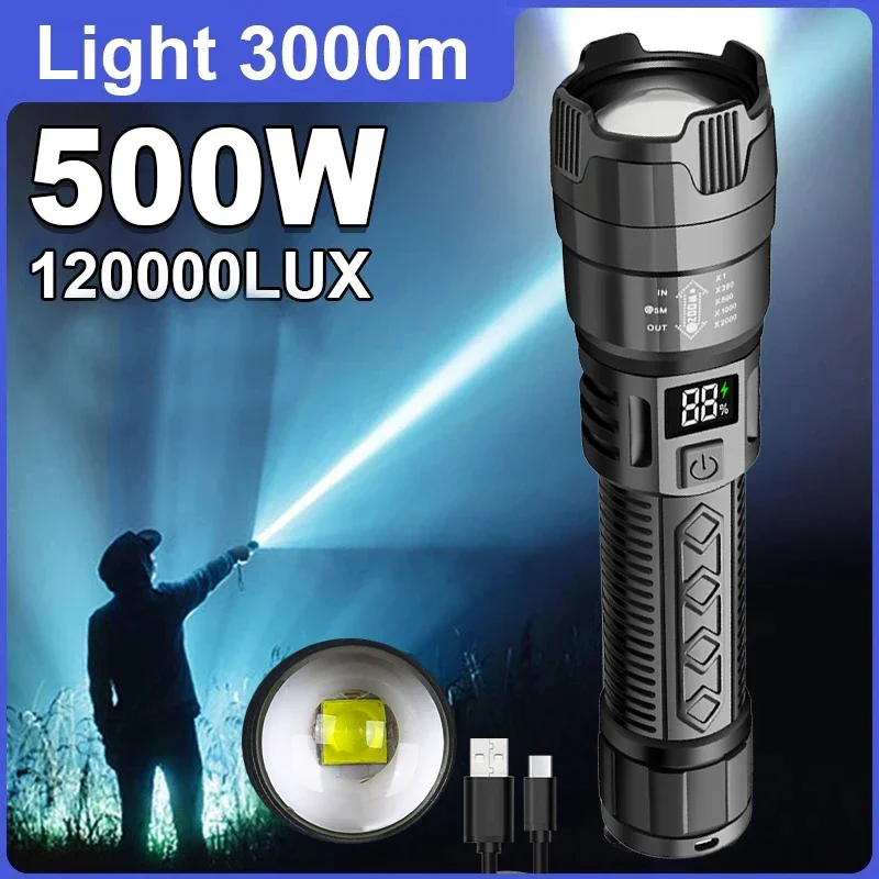 2000LM High Strong Power LED Flashlight USB Charging Tactical Torch with Display Light Camping Fishing Emergency Zoom Lantern