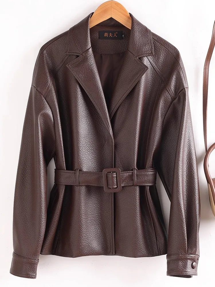 Nuovo Donne Pelle spaccata Blazer con cintura sottile Primavera Autunno Moda Colletto dentellato Sciolto Giacca di pelle Cappotto femminile