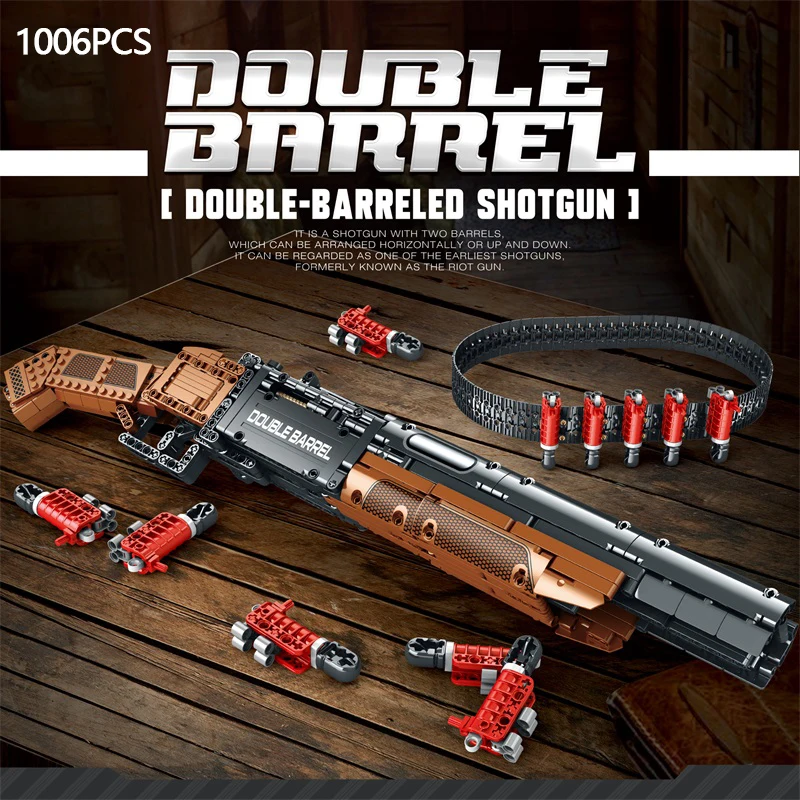 1006PCS Double Barrel Shotgun Weapon Model Building Blocks Military Classic Gun With Bullet Belt Bricks Toy Kids Christmas Gifts