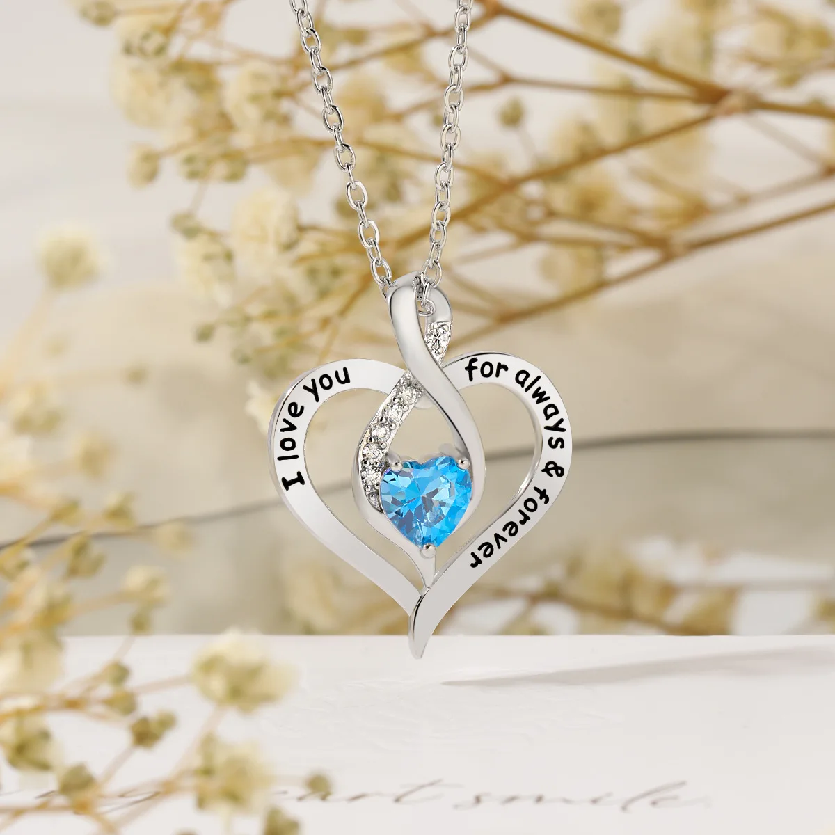 Heart Blue Cubic Zirconia Neck Necklace Women Letter "I Love You Mom" Anniversary Birthday Gift for Mother Trendy Jewelry