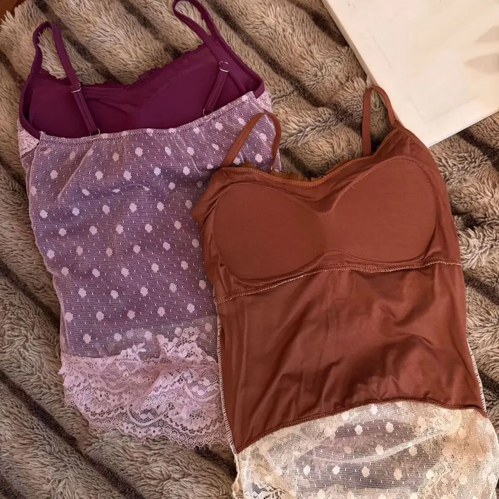 Lace Dots Fake Two Pieces Camisole Tank Top Wrapped Chest Bra Sweet Girl's Tank Top Streetwear Slim Fit Lace Slim Crop Top Beach