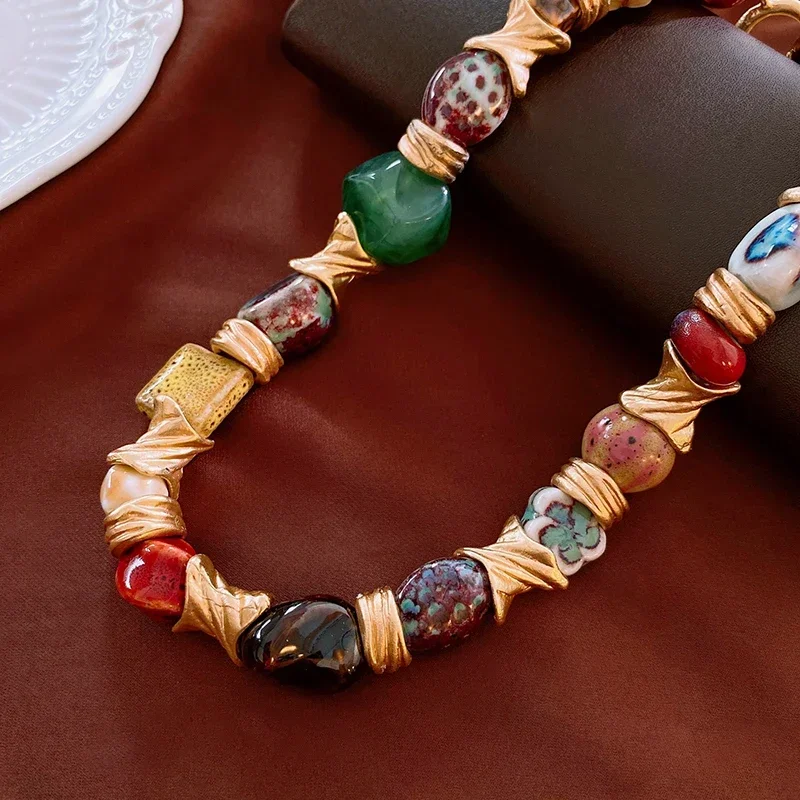 Vintage kwiatowy okrągły ceramiczny naszyjnik dla kobiet Design Sense 2024 nowość w modzie Chokers naszyjniki Party biżuteria prezent — zdjęcie 6