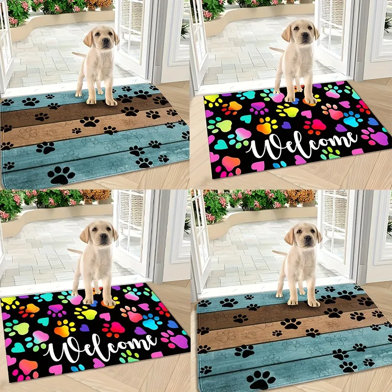 Cute Dog Paw Printed Doormat Fashionable Entrance Polyester Rug Suitable for Muddy Paws Anti Slip Felt Carpet for Busy Pet Homes