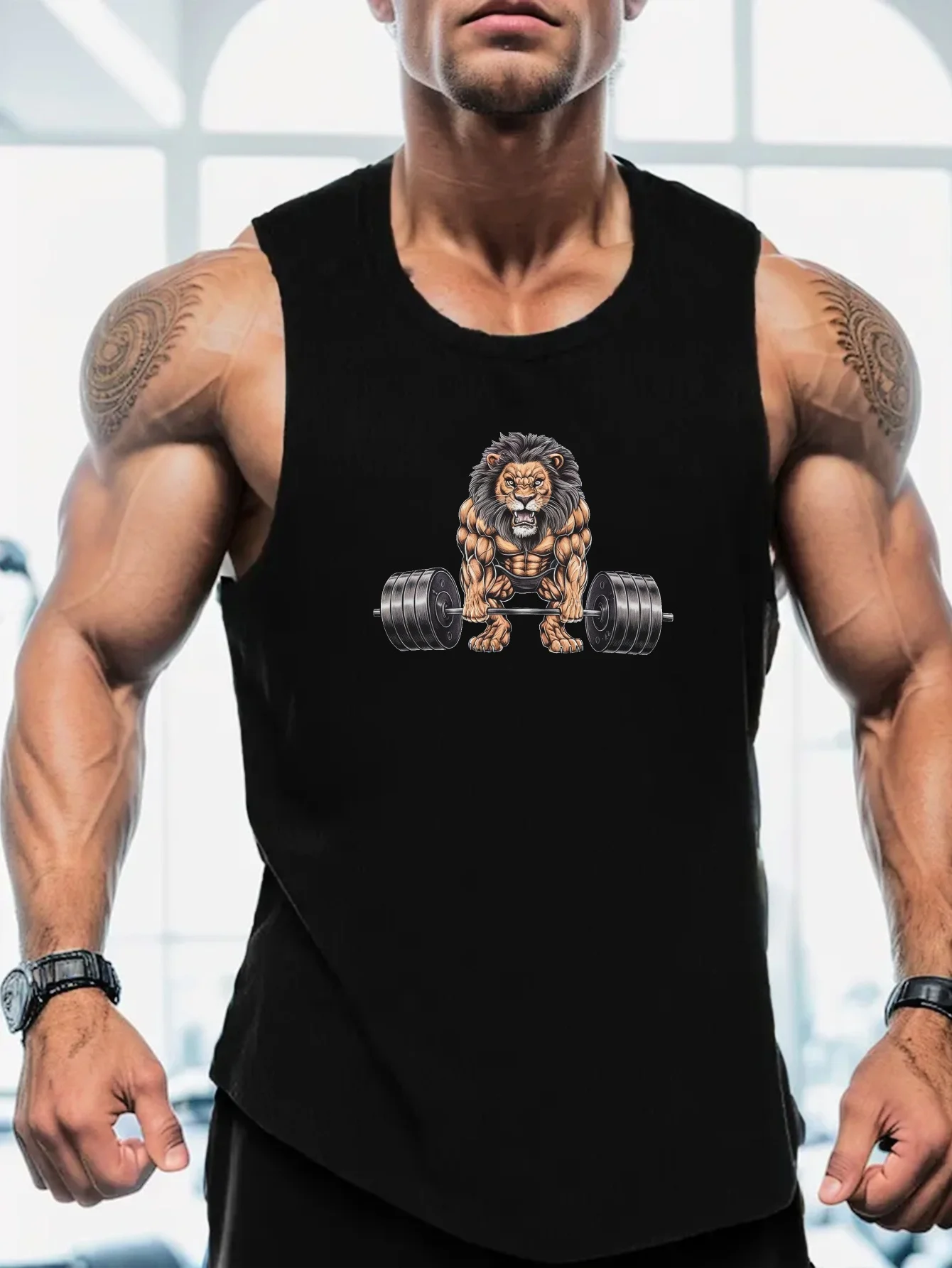 

Muscle Lion Barbell Print Men's Sports Tank Top - Summer Sportswear, Round Neck, Machine Washable, Regular Fit