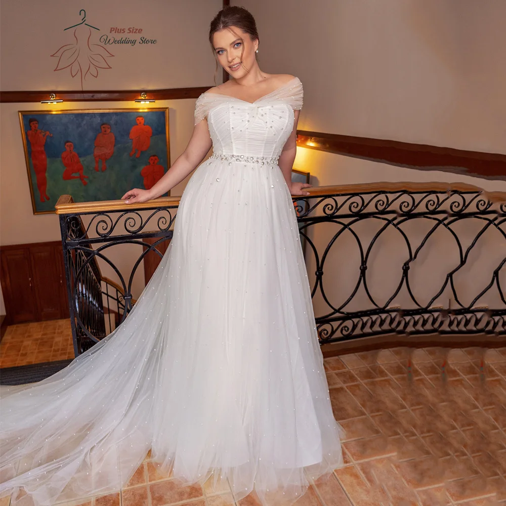 

Off Shoulder Pearls Tulle Wedding Dresses Plus Size Boat Neck A-Line Bride Gowns Back Lace-up Sweep Train Tulle Robe De Mariee