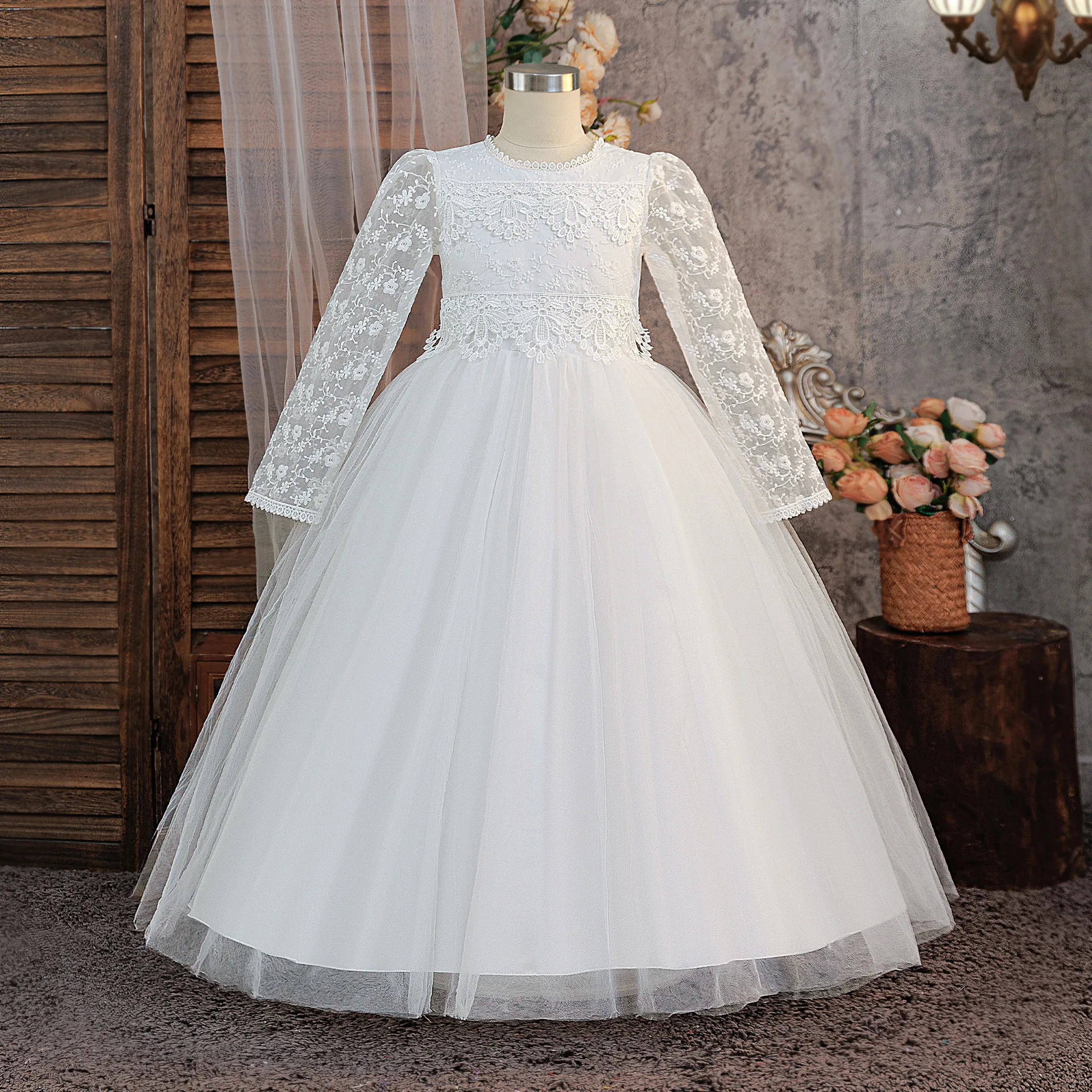 

Кружевные детские элегантные платья для детей 8-12 лет, вечерние платья для девочек, белая одежда с длинными рукавами, вечеринка по случаю дня рождения