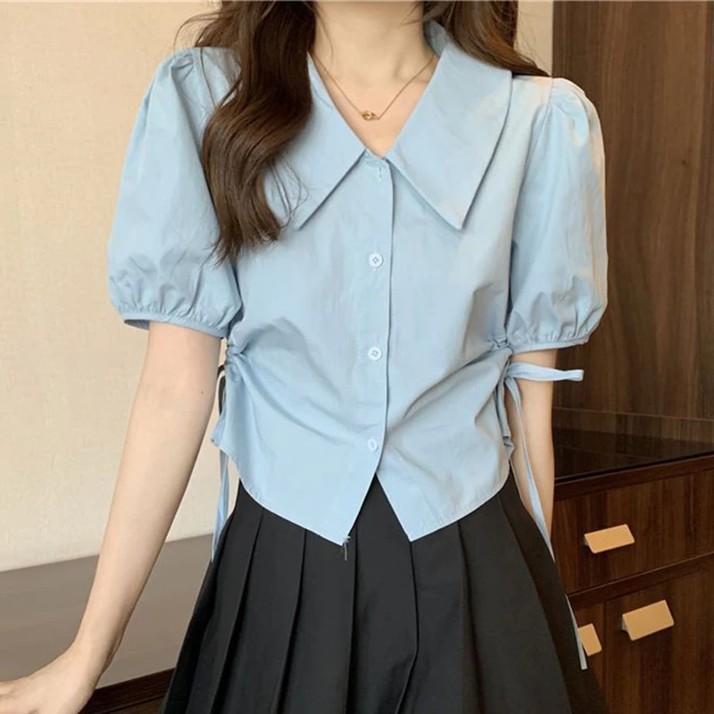 Y2K Women Blue Shirt Korean Sweet Preppy Style Bandage Short Sleeve Female Blouse Summer Turn Down Collar Ladies Crop Top