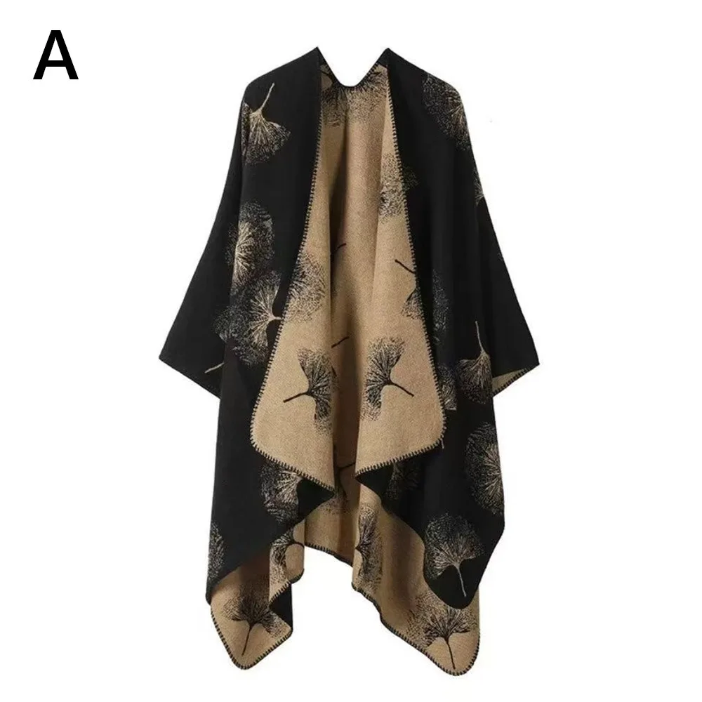 

Свободная вязаная накидка-пуловер, толстая двусторонняя накидка с принтом тай-дай, теплая ткань, элегантная накидка с гинкго, женская верхняя одежда