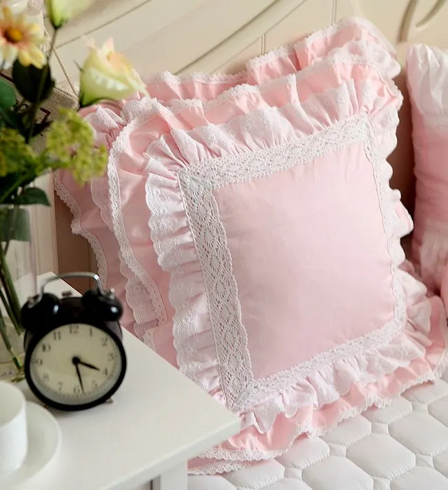 Korean Version Pink Cotton Heavy Industry Embroidery Lace Ruffle Edge Cushion Cover Pink Pillow Cover Leaf Edge