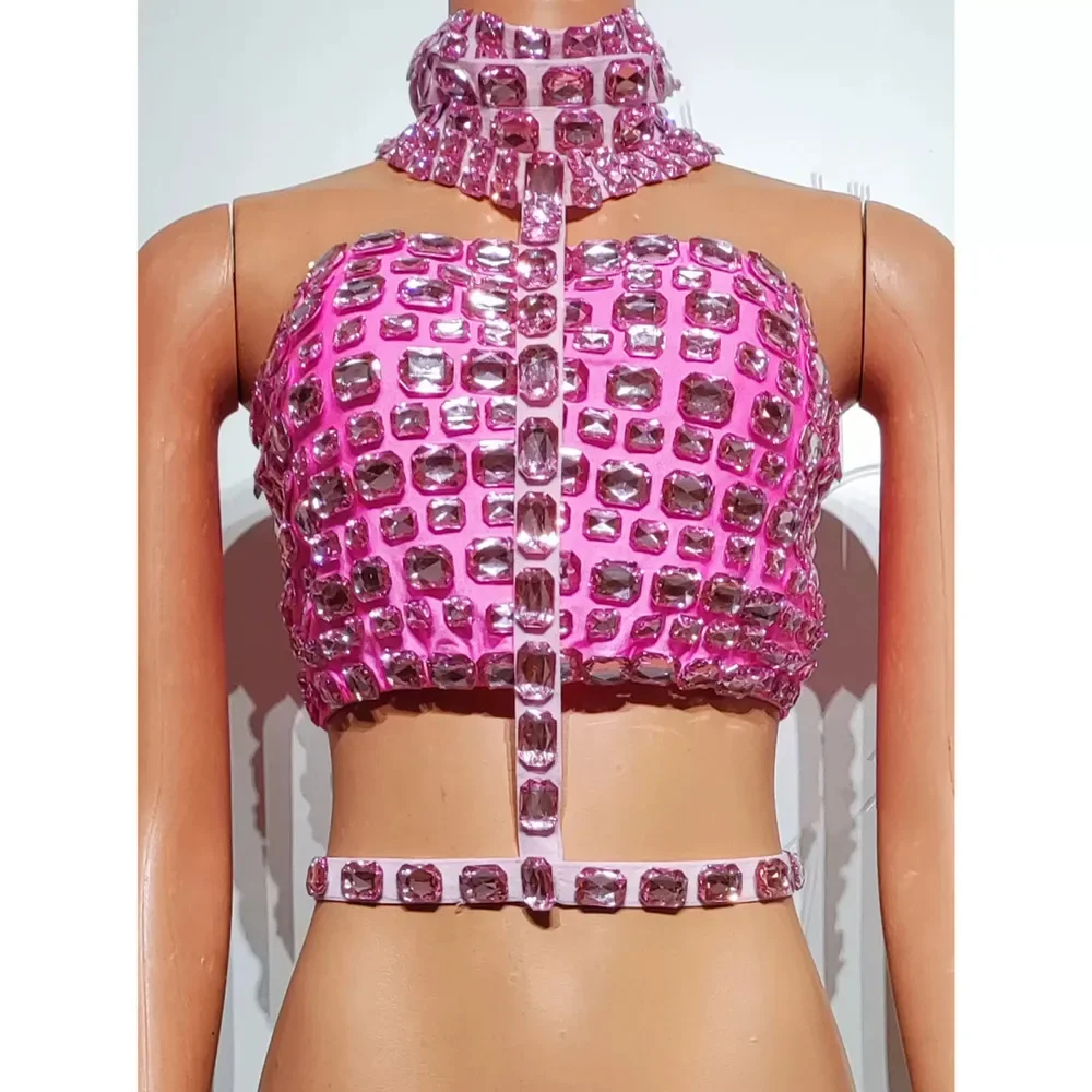 Women Tops Silver Pink Rhinestone Bandage Halter Crop Tops Sexy Bar Carnival Party Stage Wear Birthday Prom Singer Dance Costume