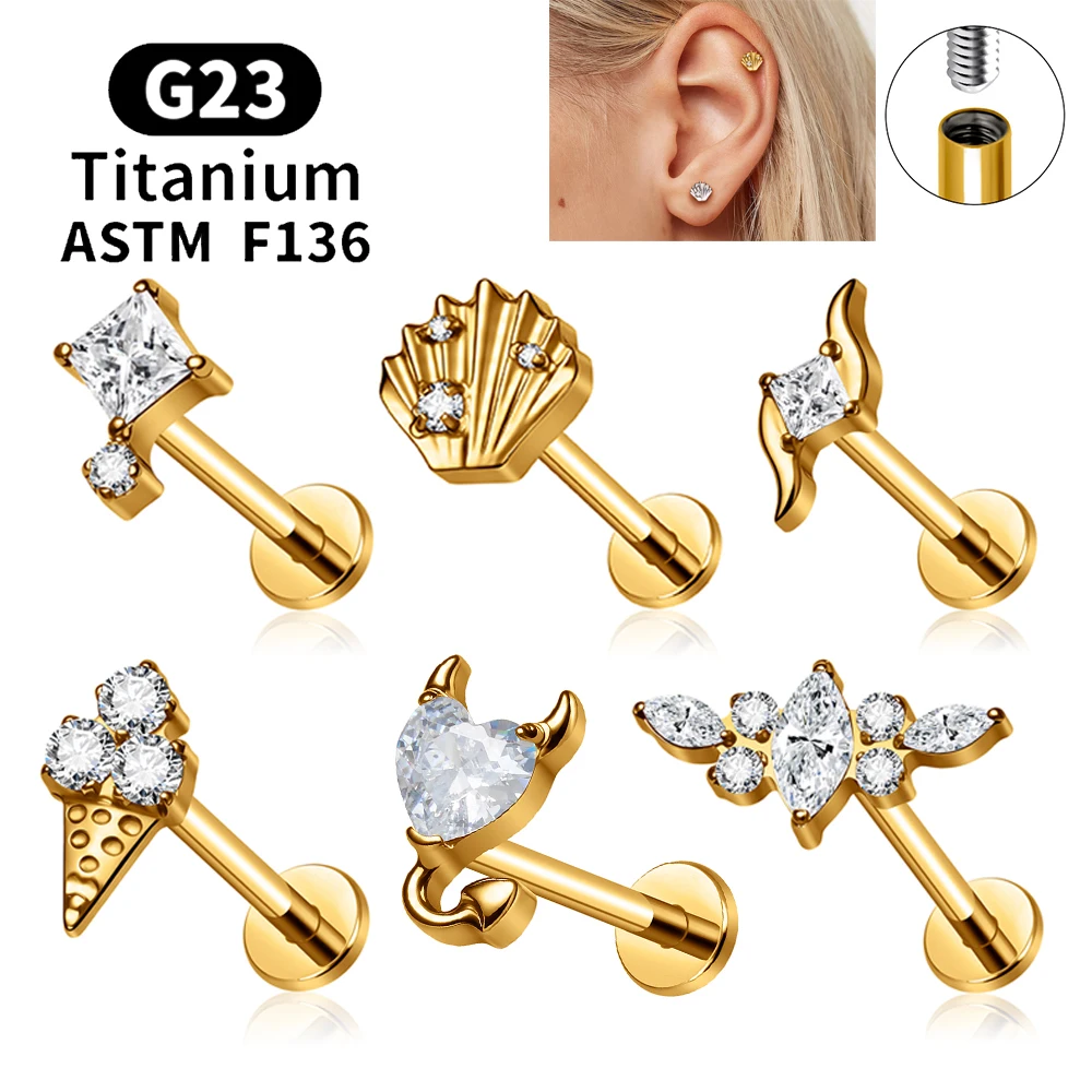 ASTM F136 Titan Muschel-Ohrstecker 16G CZ Flacher Rücken Labret Lippenstecker Helix Knorpel Tragus Ohrläppchen Ohrpiercing Schmuck