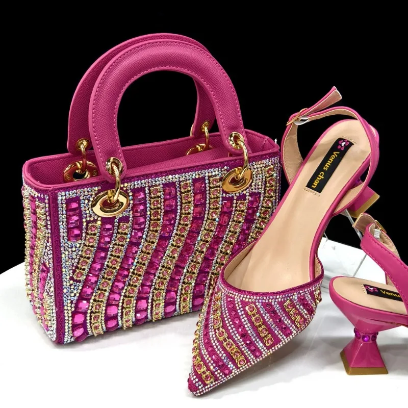 

2026 Shiny Italian Fashion Pointed Toe Women Heel Fashion Rhinestone Decoration Fuchsia Color Shoes And Bag Set