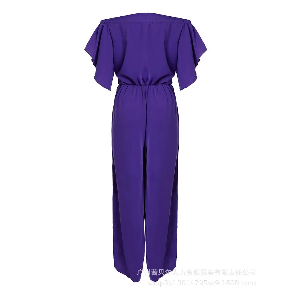 المرأة حمالة فضفاضة واسعة الساق السراويل عموما خارج الكتف بذلة عالية الخصر بلون الموضة