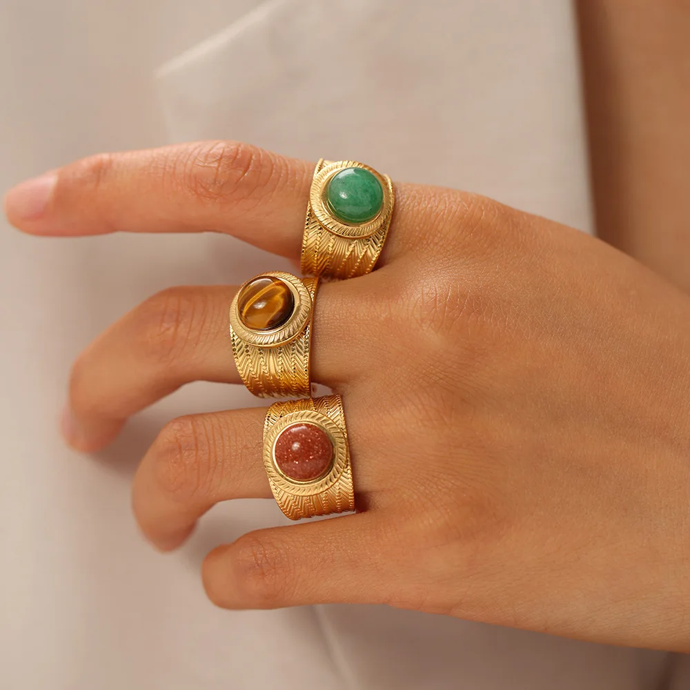 YHTOT Vintage 18K PVD Stainless Steel Gold Color Tiger Eyestone Ring Texture Wide Face Stackable Ring Ladies Jewelry Party Gift