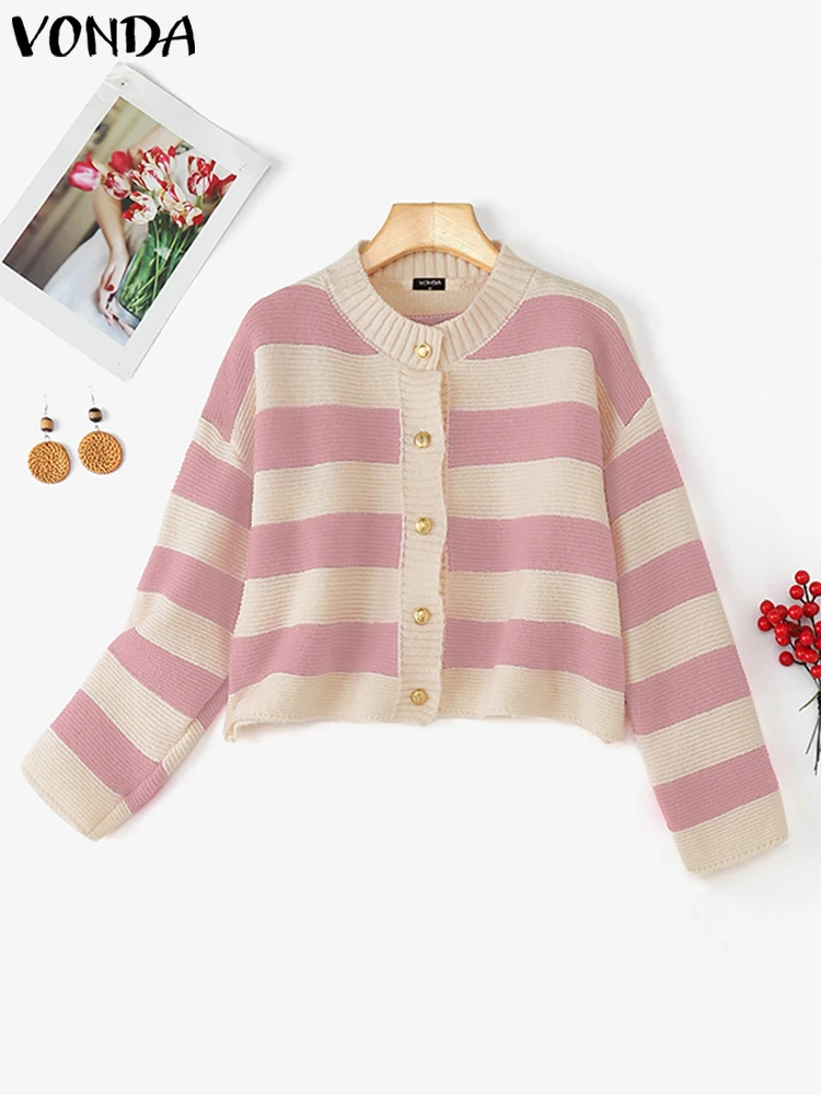 

2025 VONDA женские свитера кардиганы с длинным рукавом в полоску модные осенние вязаные джемперы зимние повседневные свободные трикотажные топы на пуговицах