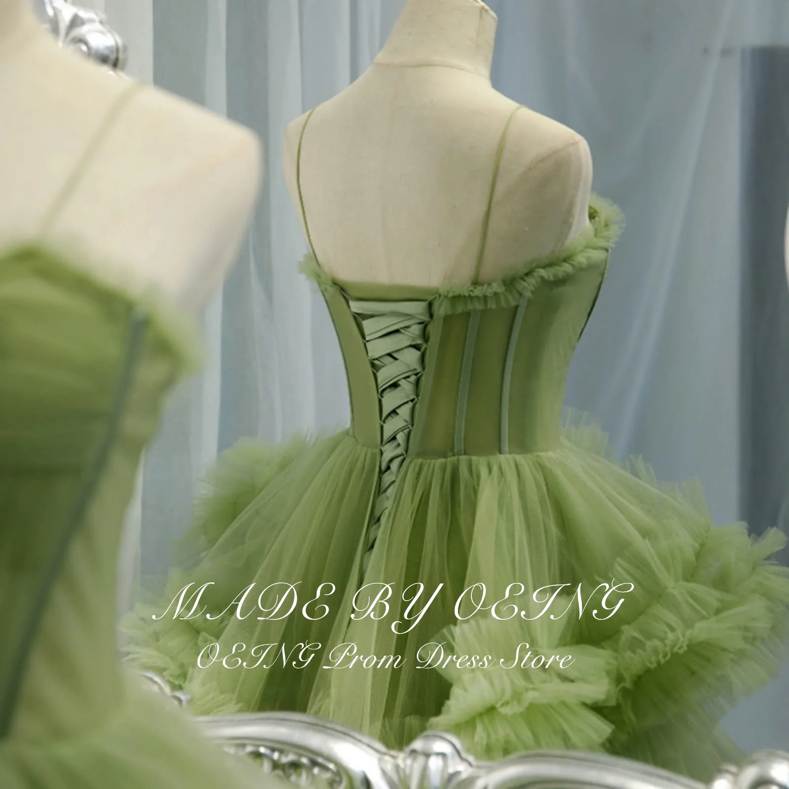 OEING-Tule Tiered Lace Up Gown, Vestidos de Baile Verde, Ruffles, A Line Gown, Fairy Lace, Evening Gown, Ocasião Especial