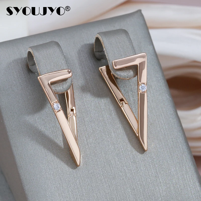 SYOUJYO Triangular Geometry Glossy Simple Dangle Earrings For Women Natural Zircon Fine Jewelry 585 Rose Gold Color Drop Earring