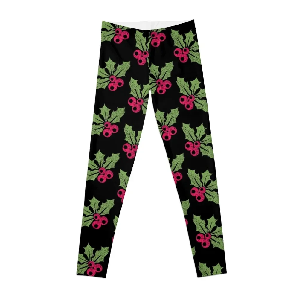 

Holly Leaf Berry Christmas Holiday Mistletoe Repeat Pattern Winter Nature Plants Leggings gym womans gym pants Womens Leggings