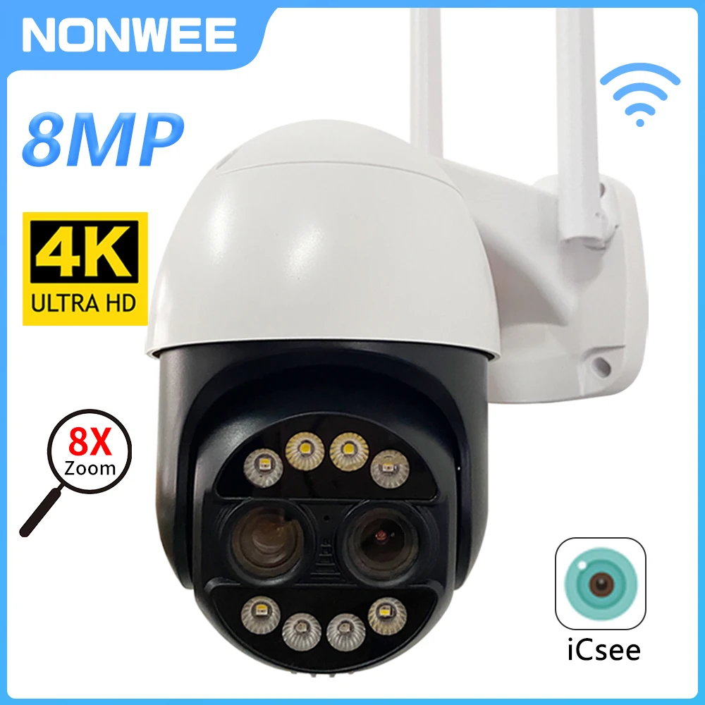 

4K 8MP WiFi Survalance Camera 8X Zoom 2.8mm -12mm Dual Lens 4MP PTZ CCTV Surveillance Video IP Cameras AI Tracking IP66 ICsee