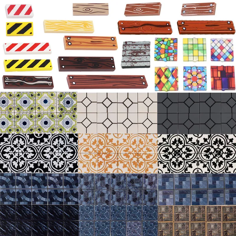 Bloques de construcción de ciudad MOC 2X2, azulejo de cerámica impreso, suelo de grano de madera, vitral, ventana, advertencia de carretera, tablero de rayas, juguetes de ladrillos