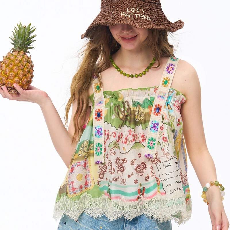 ELFSACK Women's Loose Fit Cami Tank Top with Patchwork Cartoon Landscape Print, Lace Strap Sleeveless Blouse for Summer