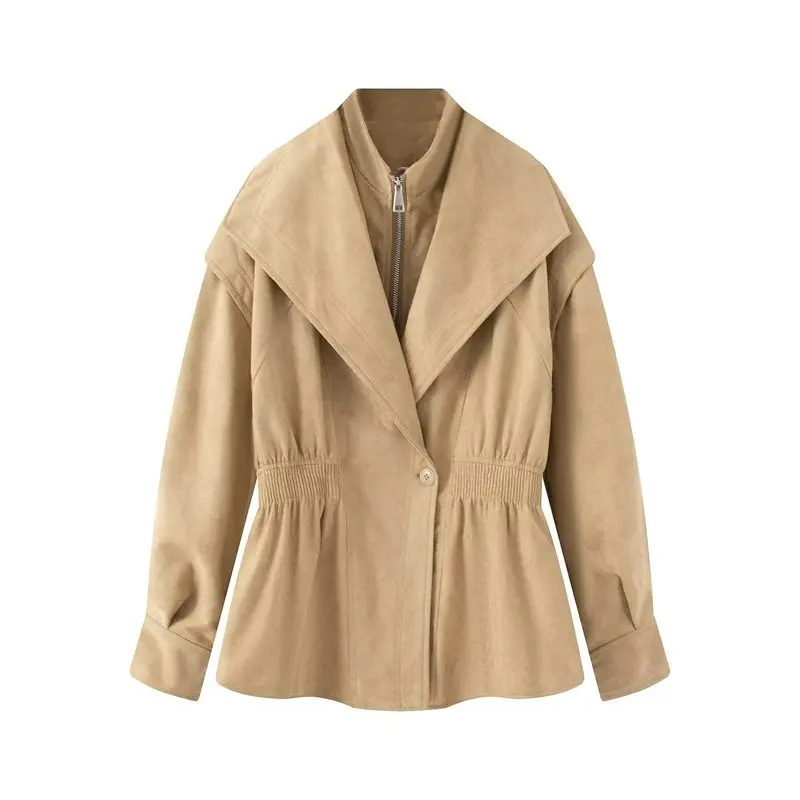 XNWMNZ High Quality  2026 New Women's Fall Casual Faux Suede Jacket Asymmetric Collar Zip-Up Coat with Drawstring Waist