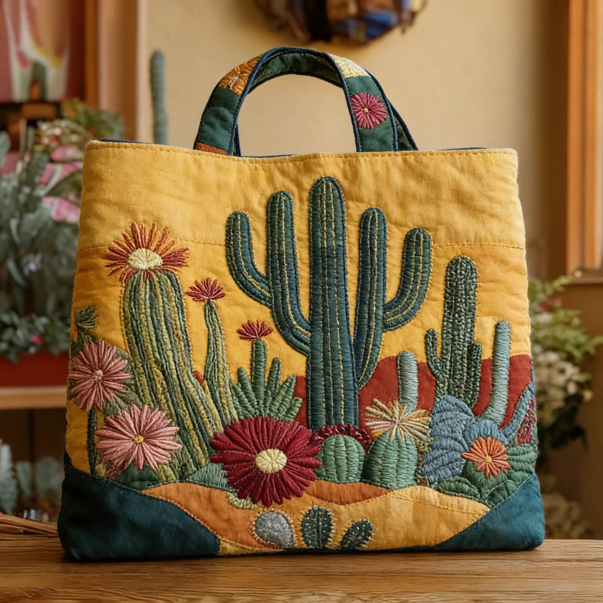 Boho Cactus Flower Quilted Tote Bag Women Men Retro Desert Style Handbag Reusable Shopping Casual Vacation Shoulder Bag