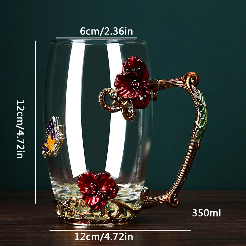 Rose Decoration Enamel Color Water Cup High Temperature Resistant Crystal Glass Light Luxury Transparent Teacup Holiday Gifts